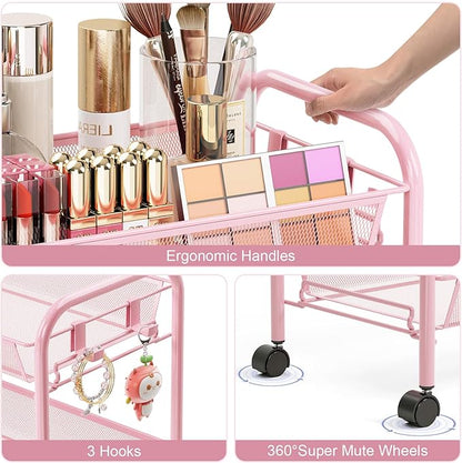 TOOLF 3 Tier Rolling Cart Pink - Metal Storage Organizer with Wheels, 33 lbs Shelf Capacity, Easy 5-Min Assembly, for Girls Room Bathroom Kitchen Office Nursery, Compact Design for Small Spaces, Pink