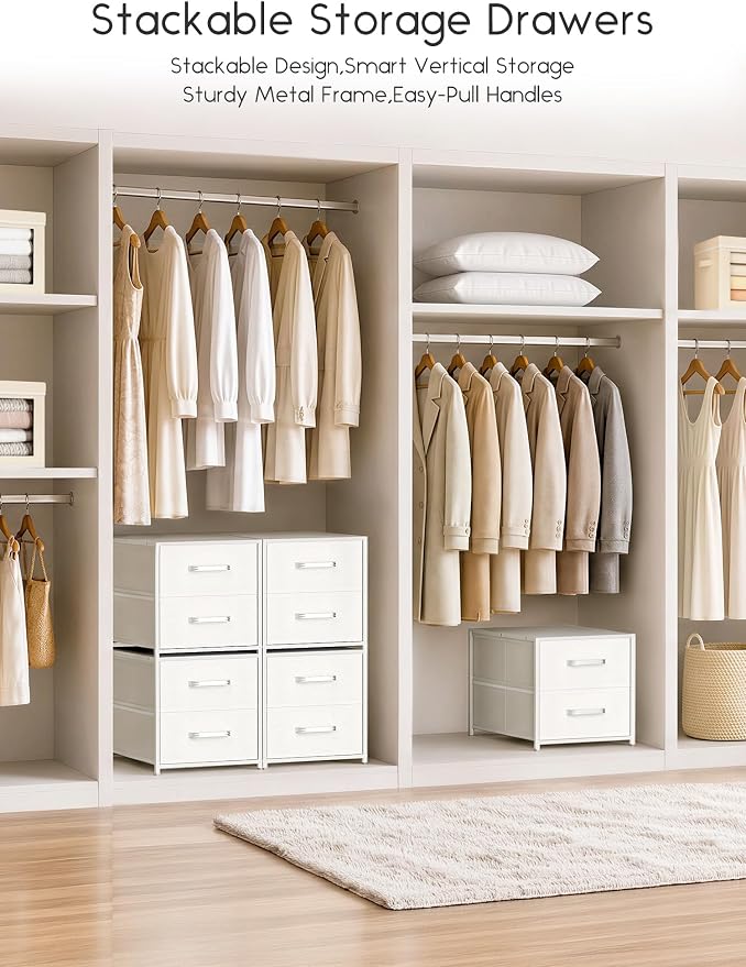 Homsorout 2 Drawers for Closet - Small Stackable Storage Organizer, Fabric Dresser Nightstand with Wooden Top & Metal Frame, Closet Drawer Organizers and Storage for Bedroom, Entryway, Dorm, White