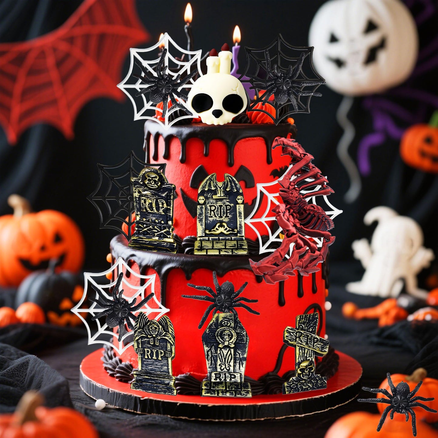 Spider Cake Decoration Halloween Cake Toppers Tombstone Cupcake Toppers (red)