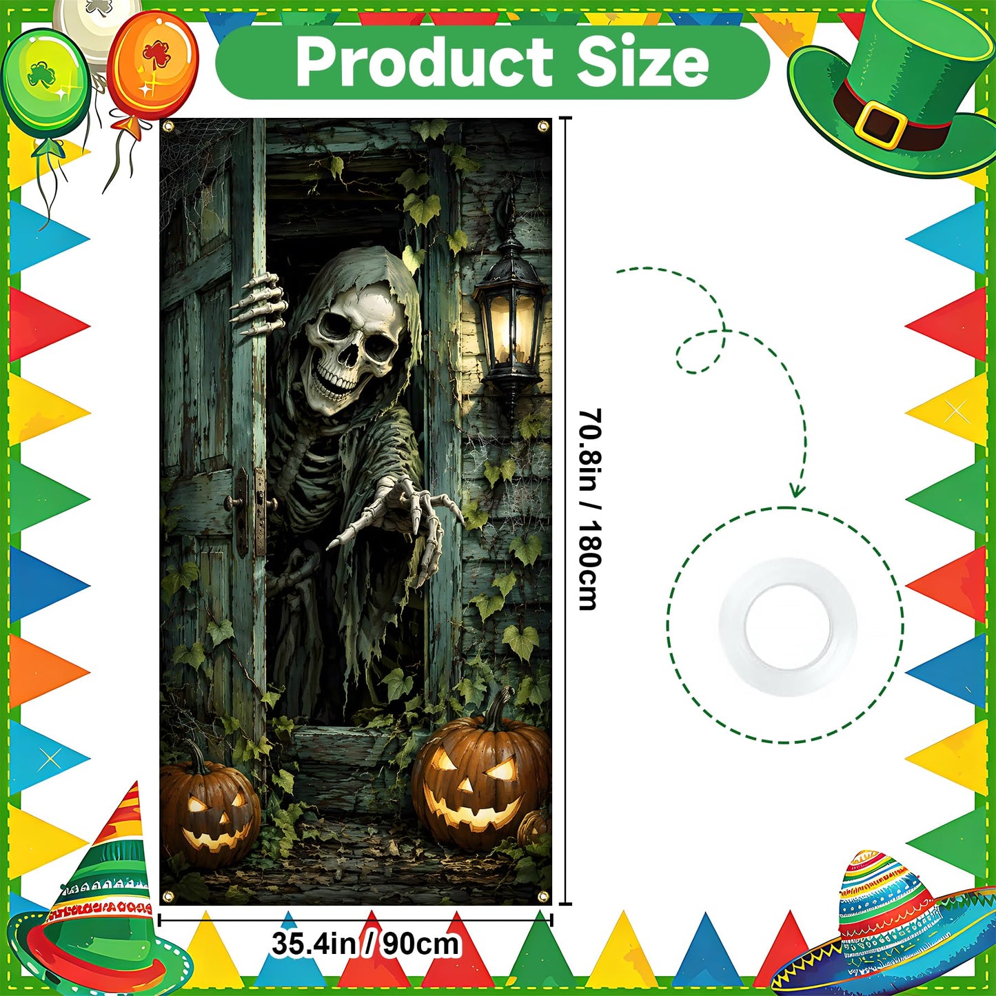 NYZE Halloween Skeleton Front Door Cover Banner, 35.4 x 70.8 Inch Pumpkin Vertical Hanging Door Backdrop, Indoor Outdoor Halloween Party Photography Decorations