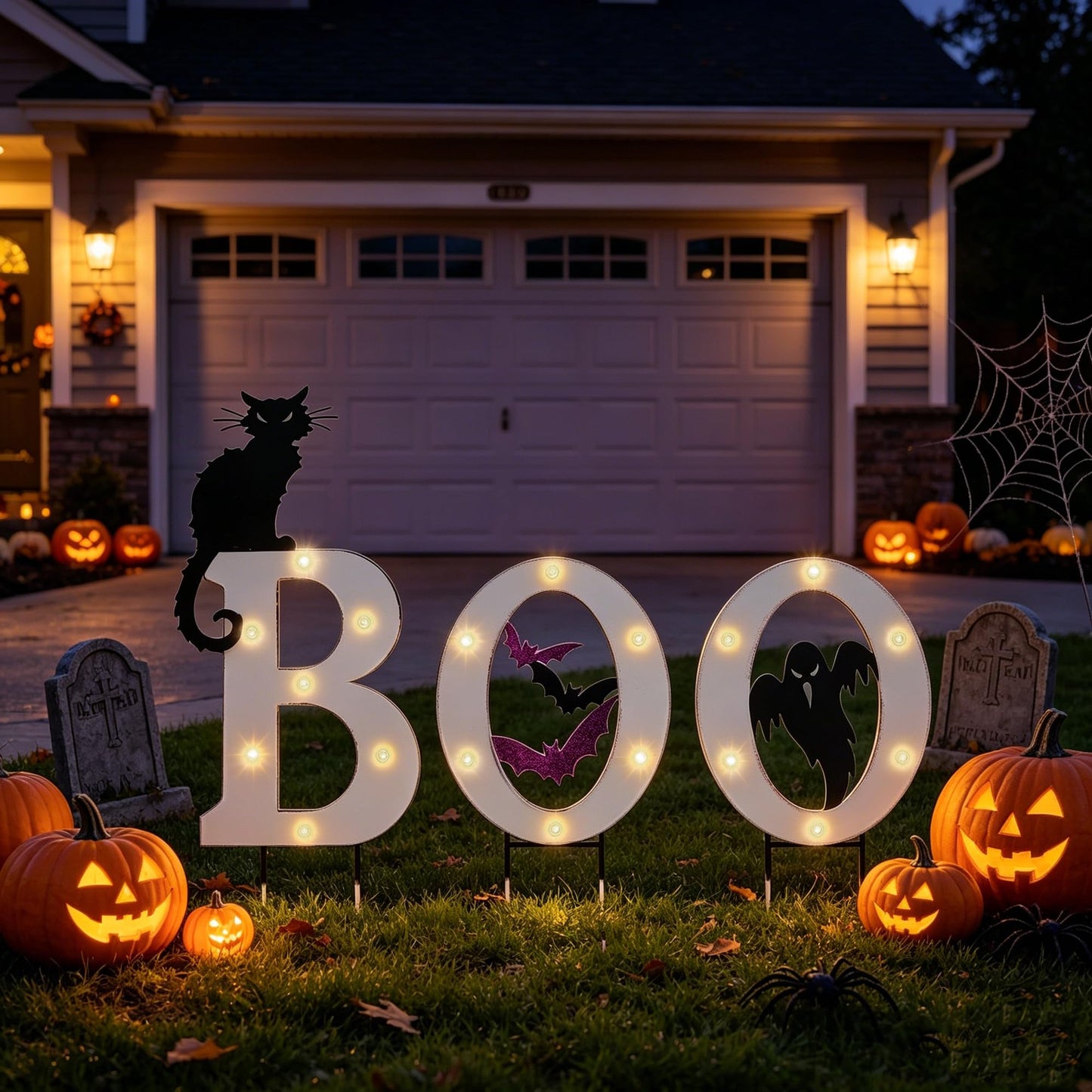 Prsildan 3 Pack Halloween Decorations Outdoor -Solar Powered Lighted Boo Yard Sign with Bats, Cat & Ghost, Waterproof Metal Lawn Stakes for Front Yard, Porch, Garden - Spooky Halloween Party Decor