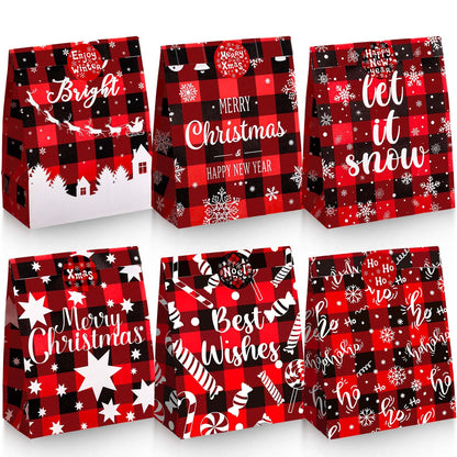 24 Pack Christmas Paper Gift Bag Xmas Goodies Candy Bags with 24 Pieces Christmas Theme Stickers Xmas Treat Tote Bags Party Decorations for Xmas Party Favors Supplies(Bright Style)
