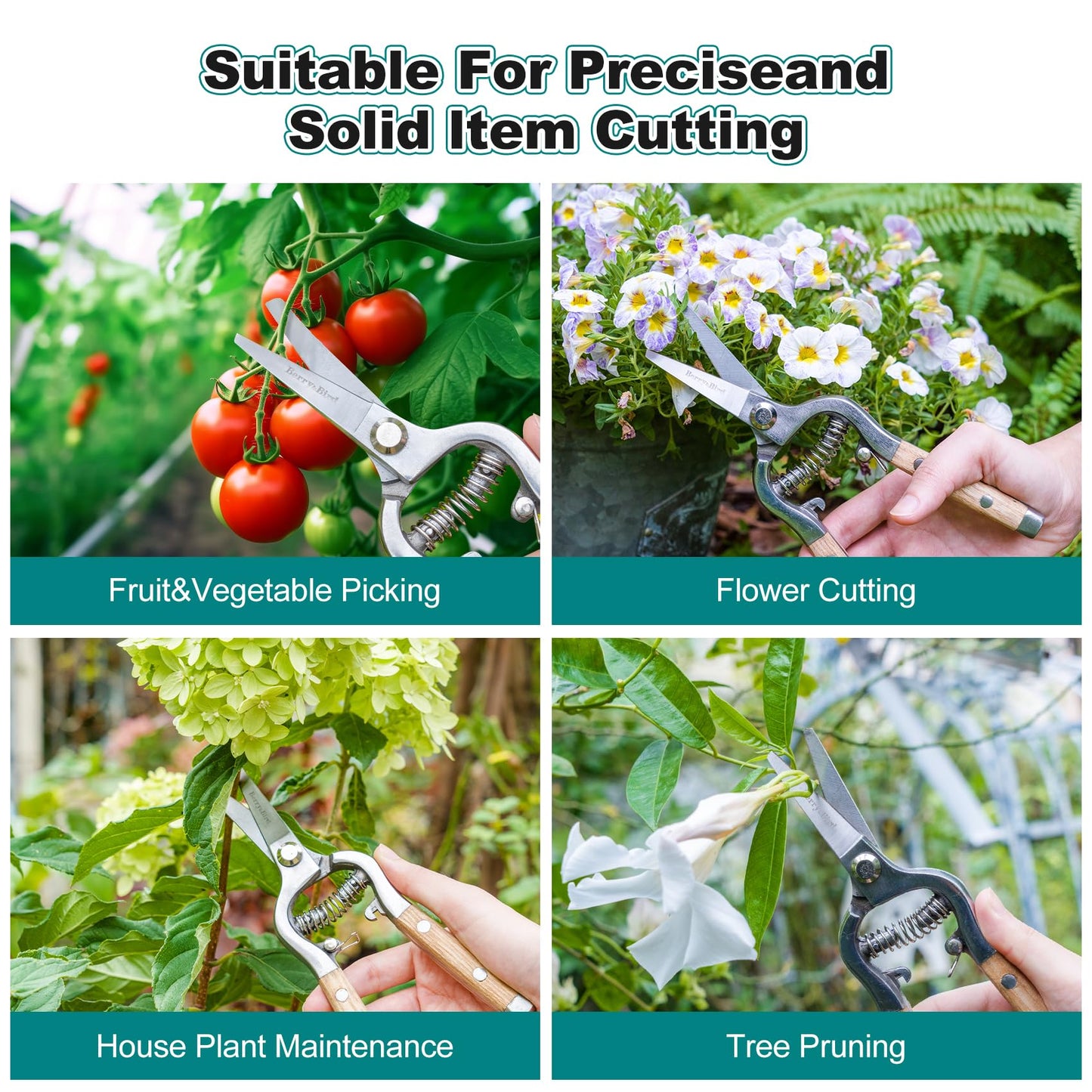 Berry&Bird Straight Pruning Shears with Stainless Steel Blades Garden Hand Pruner 8'' Scissors with Wooden Handle Clippers for Gardening Trimming Cutting Bonsai