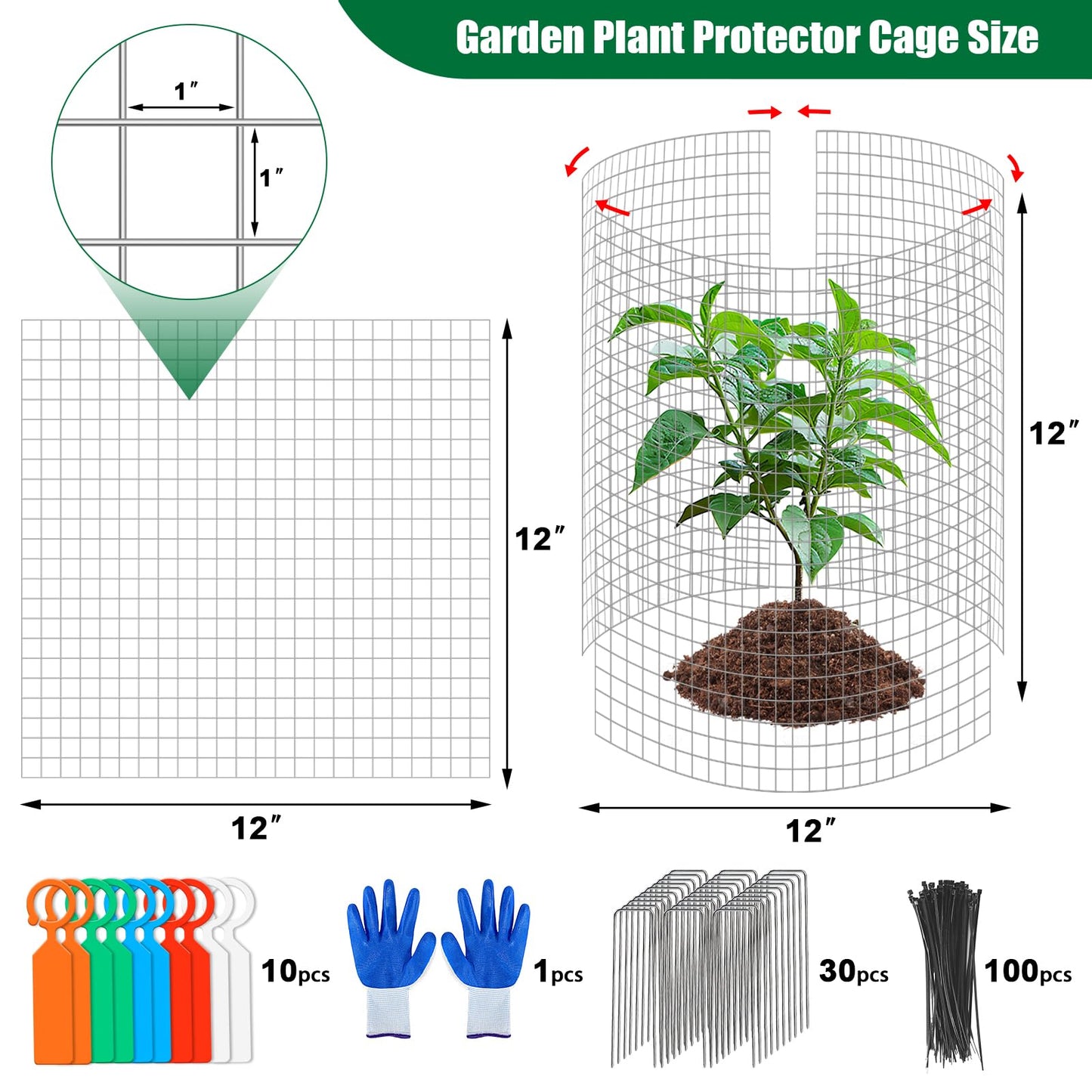 30Pcs Garden Plant Protector Cage 12''x12'', 10 Set Metal Wire Protectors for Plants, Protection Cages with Stakes Nylon Ties, Animals Barrier to Keep Chicken Rabbit Away from Plants Flower Vegetables
