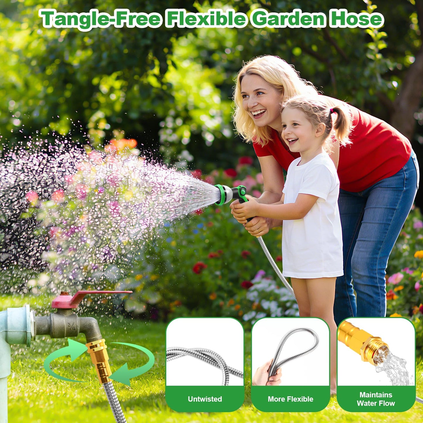 Toolasin Garden Hose 100FT, Flexible Stainless Steel Water Hose with 10-Function Nozzle, No-Kink, Leak-Proof, Wear-Resistant, 3/4 GHT, Easy to Use and Store, Ideal for Garden, Yard, Outdoor