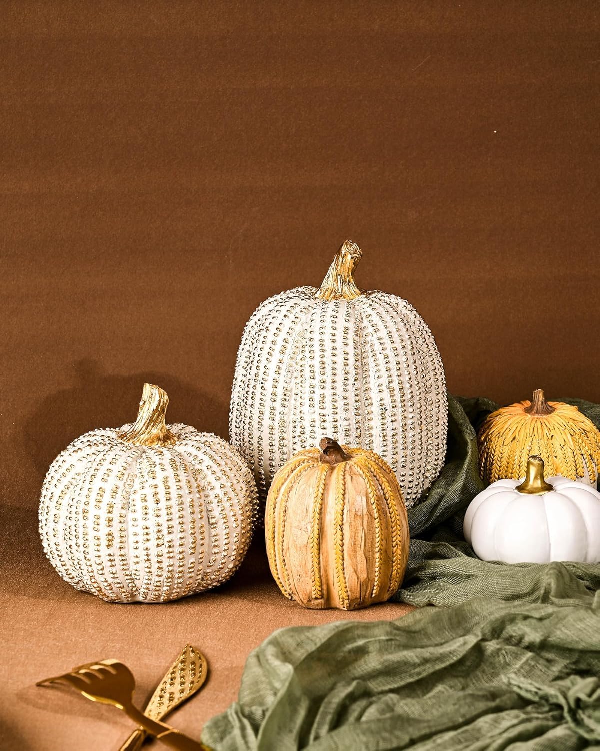 Fall Thanksgiving Pumpkin Decor Figurines, 2 PCS Fake Pumpkin Statues for Tabletop Decorating, White and Gold Resin Pumpkins for Autumn Harvest Luxury Fall Home Decor, Farmhouse, Gift Package