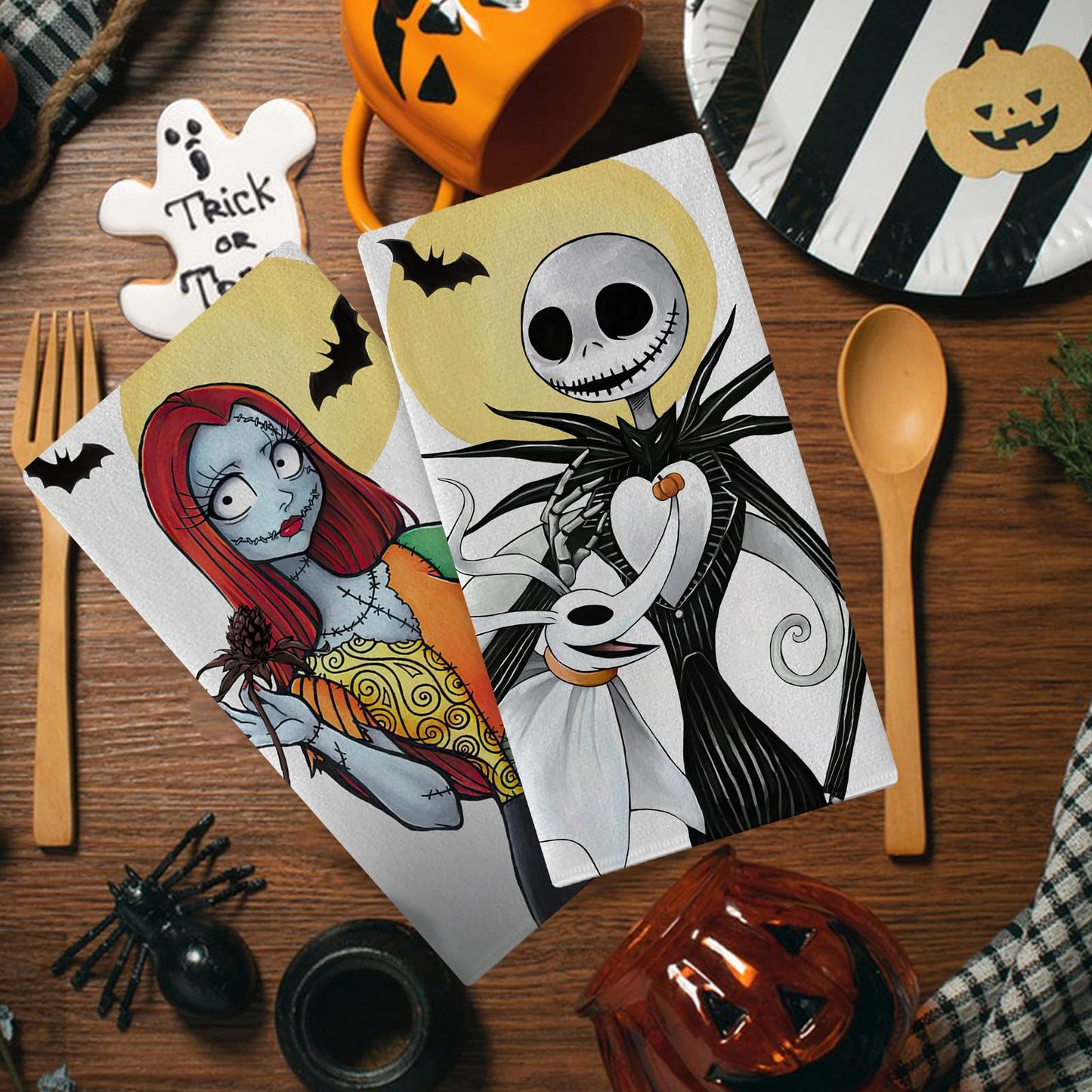 Seliem Jack Kitchen Dish Towels Set of 2, Spooky Sally Hand Towels Drying Baking Cooking Cloth Halloween Christmas Gifts, Funny Ghost Skull Moon Bat Home Kitchen Decor 18 x 26 Inch