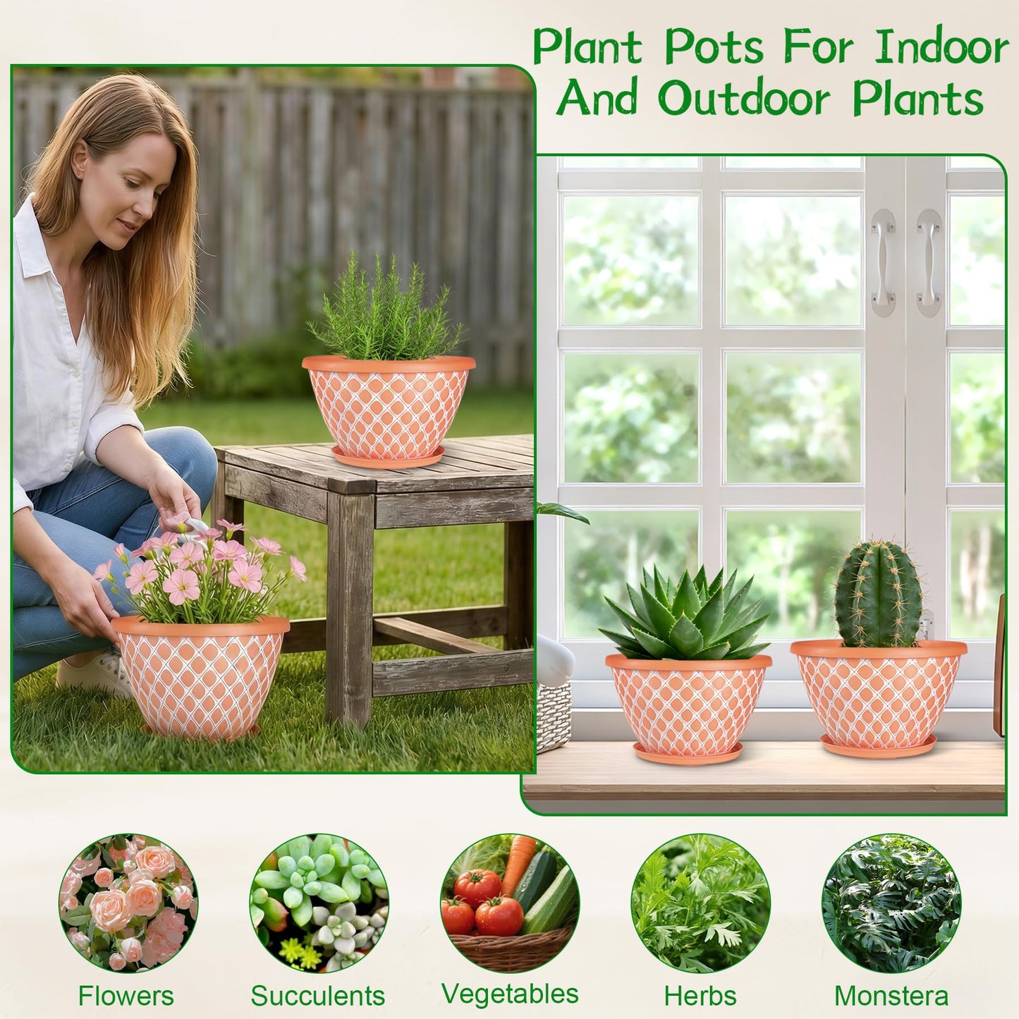 Nooulap 6 Pack 8 Inch Plant Pot, Flower Pots for Indoor Outdoor, Durable Decorative Planters for House Garden Plants Herbs Flowers Succulents