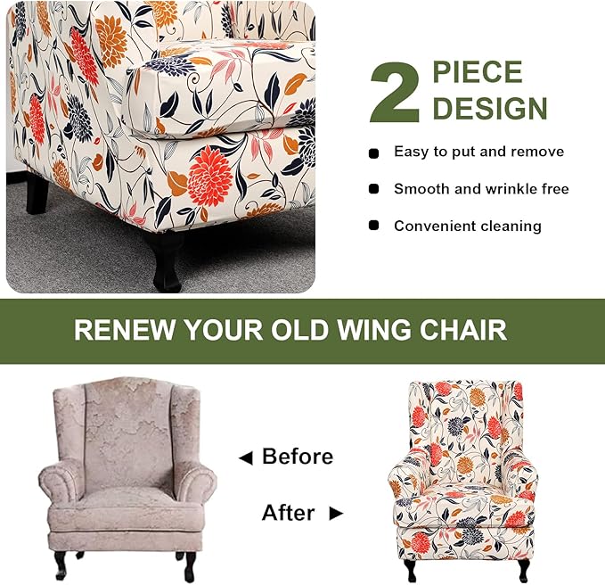 HAOYONG Wing Chair Slipcovers Printed Wingback Chair Covers 2 Pieces Wingback