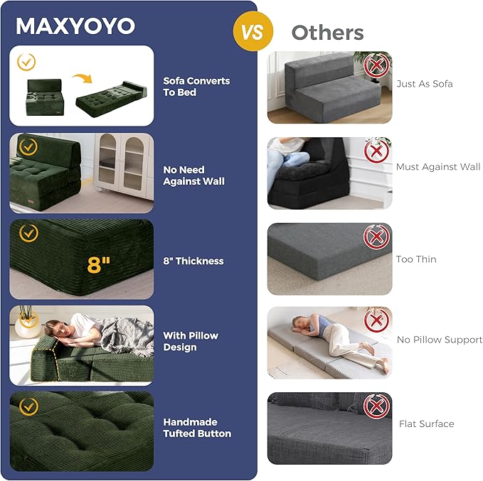 MAXYOYO 8" Folding Sofa Bed, Fold Out Chair Bed Sleeper Chair, Convertible