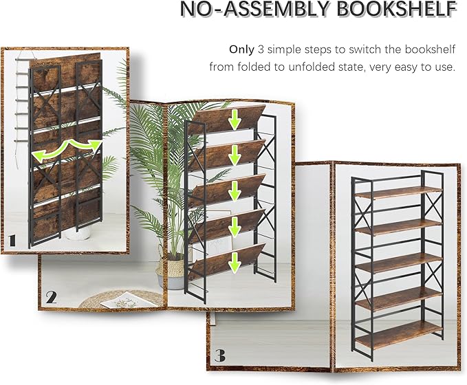 4NM Extra Wide 5 Tiers No Assembly Book Shelves, 51.2" H Folding Bookshelf