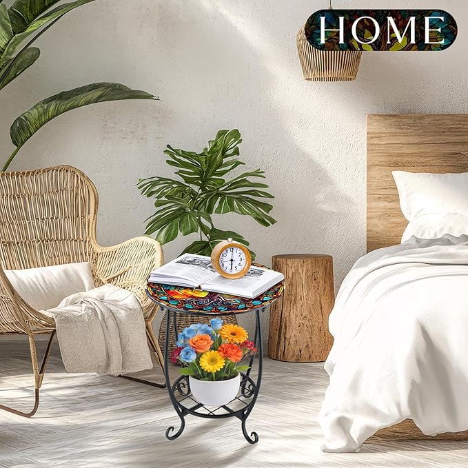 Cinnvoice Outdoor Side Table Round Small Mosaic Patio Accent Indoor End Plant