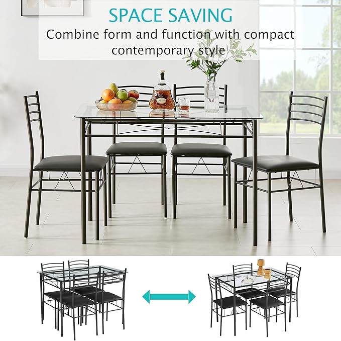 VECELO Dining Table Set for 4, 5-Piece Glass Kitchen Table