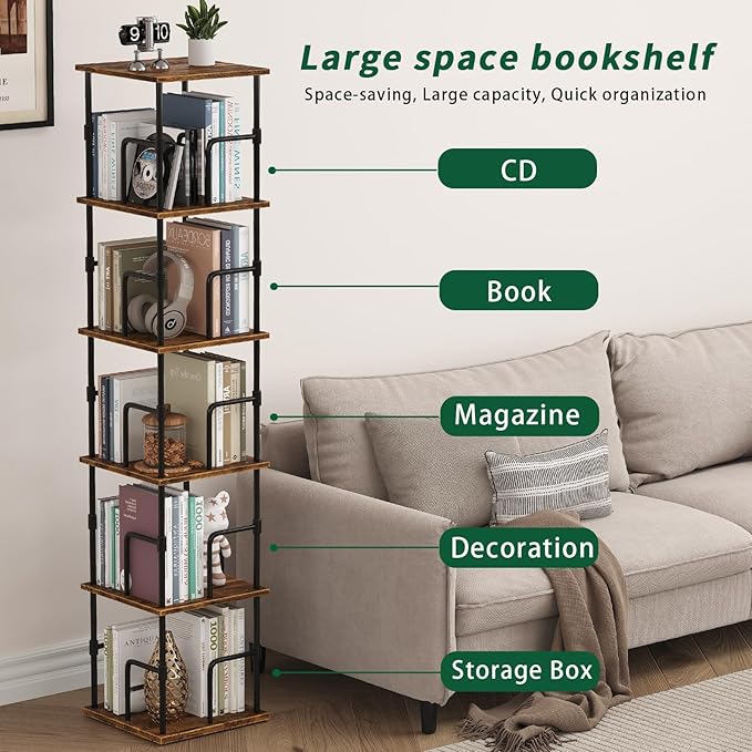 5-Tier Rotating Bookshelf, Freestanding Corner Bookshelf, 360° Spinning