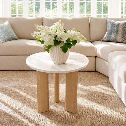 Yechen Nesting Coffee Table Set of 2, Mid Century Modern Coffee Table with Faux Marble Top, Round Tea Table and End Table Set, Minimalist Center Tables for Living Room, Office, or Apartment