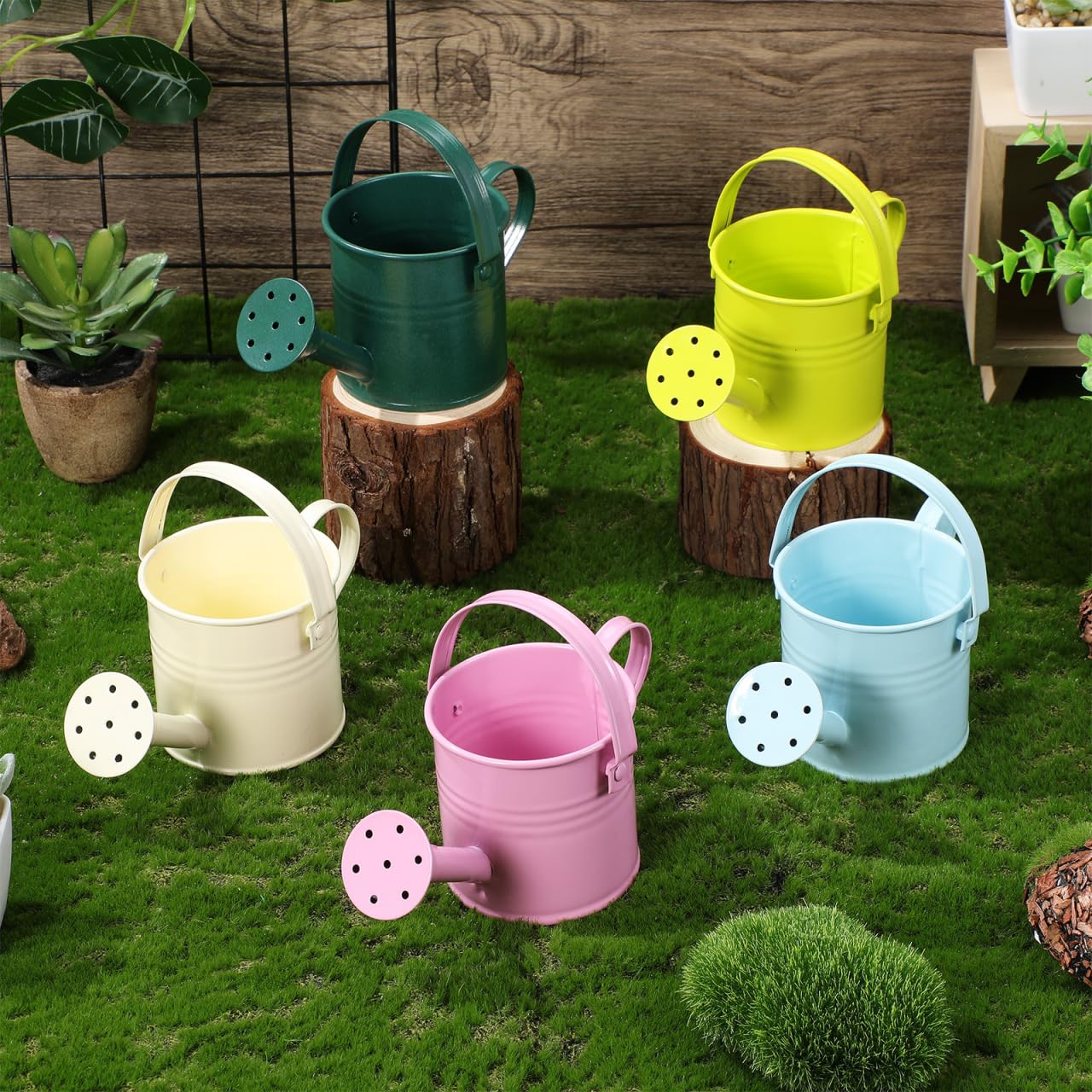NUOBESTY 5Pcs Mini Kids Watering Can Set, Metal Cans Toddlers Small Long Spout Watering Can for Garden Play, Indoor Balcony Plants, Patio Flowers, Little Hands (Random Colors)