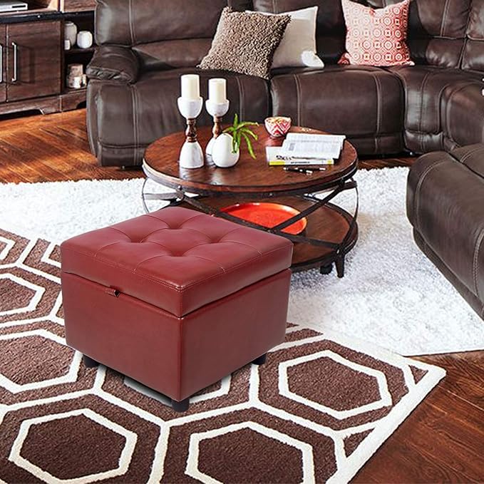 H&B Luxuries Tufted Leather Square Flip Top Storage Ottoman Cube Foot Rest