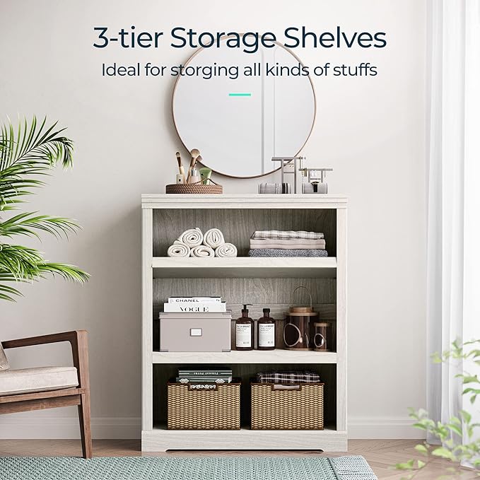 LINSY HOME 3-Tier Bookcase, Small Bookshelf Wood Display Storage Shelves