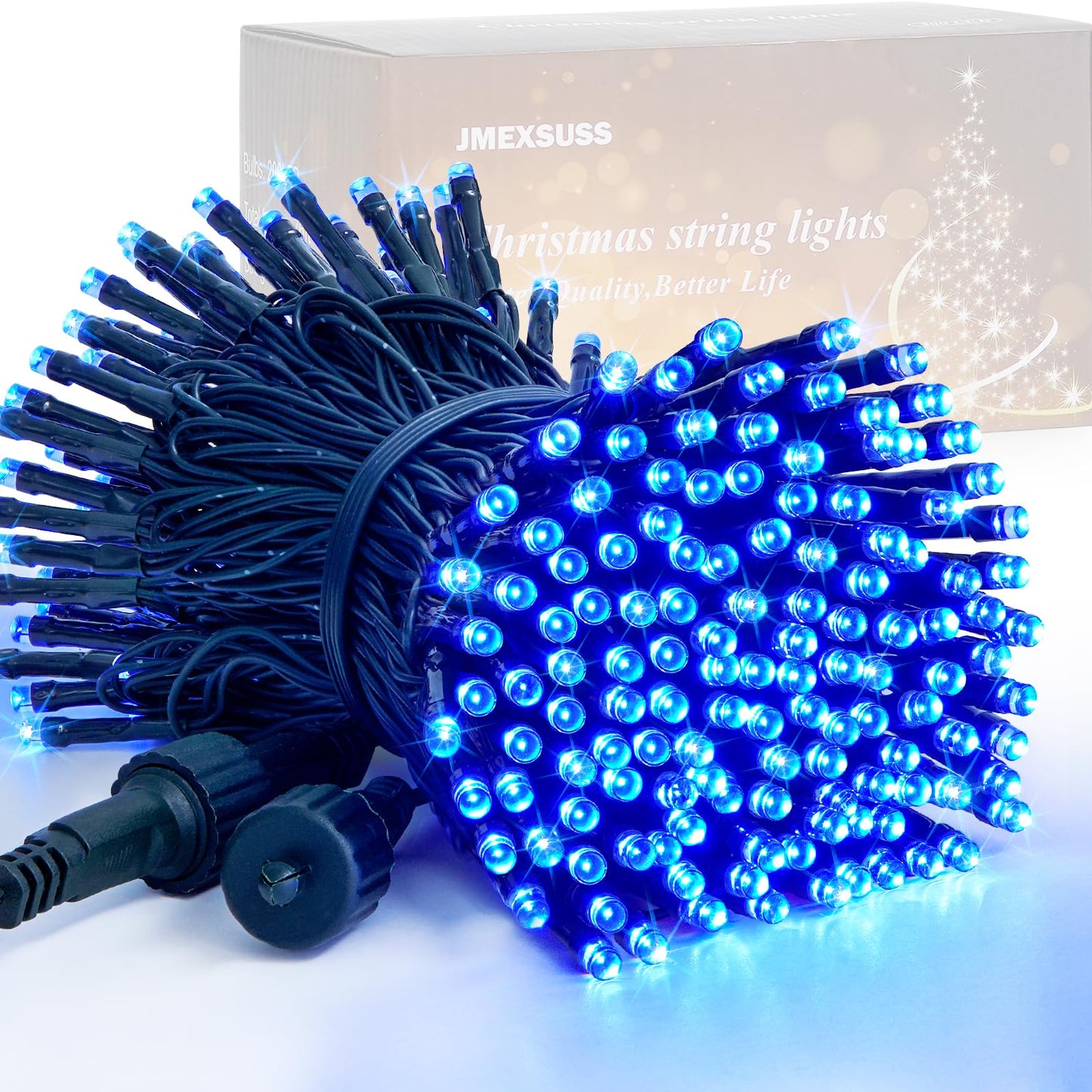 JMEXSUSS 200 LED Blue Christmas Lights Outdoor, Expandable 66ft Blue String Lights Green Wire, 8 Modes Twinkle Xmas Tree Light Plug in for Party Indoor Ceiling Beroom Patio Fence Yard Decor