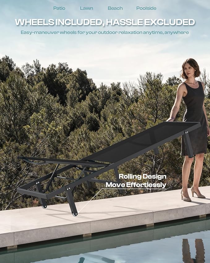 Lounge Chair Outdoor with Wheels, Aluminum Patio Chaise Lounge Chair with 5