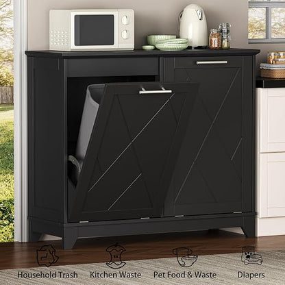 Double Tilt Out Trash Can Cabinet with Charging Station, Negative Ion Odor Control, Hidden Dual 10-Gallon Recycling Cabinet, Dog Proof Garbage Can for Kitchen, Laundry, Dining Room,Black