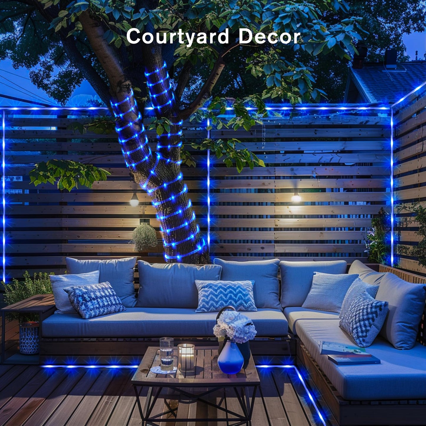 JMEXSUSS 2 Pack 100 LED Solar Rope Lights, IP65 Solar Rope Lights Outdoor Waterproof LED, 33ft 8 Modes PVC Tube Rope Light for Trampoline Xmas Fence Yard Walkway Path Garden(Blue)