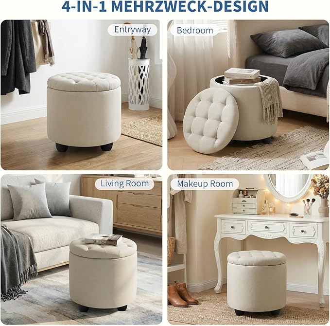Furniliving Modern Round Storage Ottoman, Button Tufted Ottoman Foot Stools
