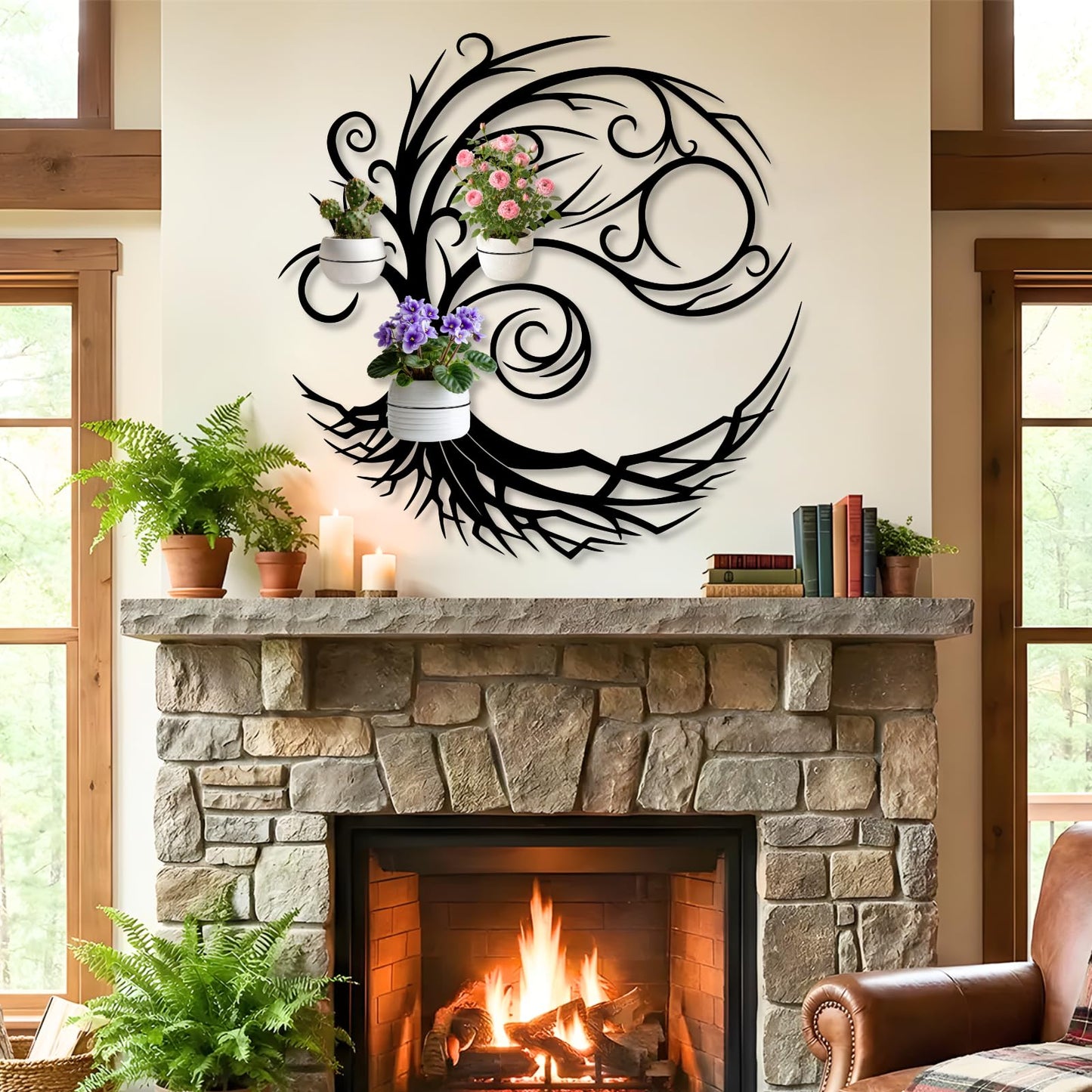 Tree of Life Metal Plant Wall Holders, Metal Tree Wall Mounted Plant Holder, Branch Hanging Planters for Living Room, Kitchen, Fireplace (Gold, 35"x 35"| 90x90cm, 3 Pack 5" Flower Pot Holder Ring)