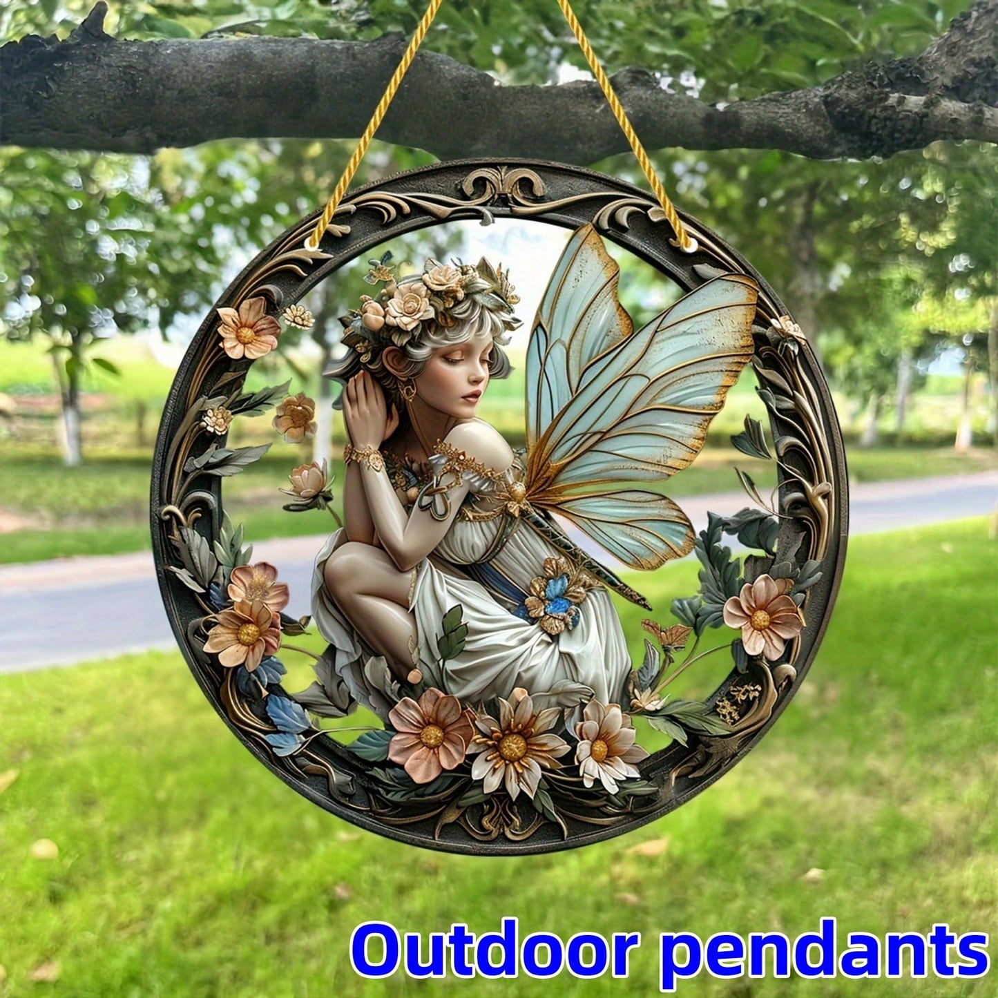 VTYFRY Flower Fairy Garden Decorations Angel Wing Christmas Halloween Deco Statue Art Elf Sculpture Hanging Craft for Outdoor Yard Courtyard Lawn Patio Window Acrylic Ornament Home Gift (A,L: 8*8 IN)