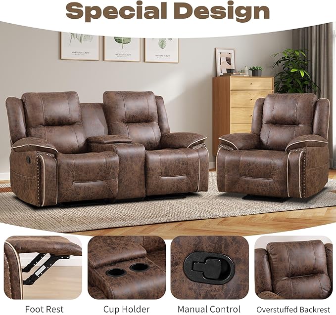 EBELLO Faux Leather Manual Recliner Sofa Set, 1 Seat Reclining Chair and a