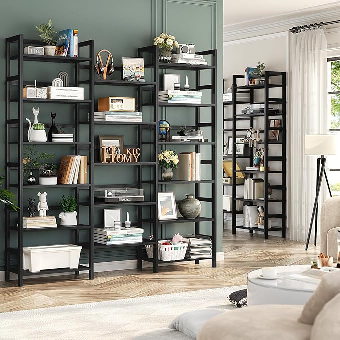 Homykic Bamboo Bookshelf, 71” Tall Triple Wide Bookcase