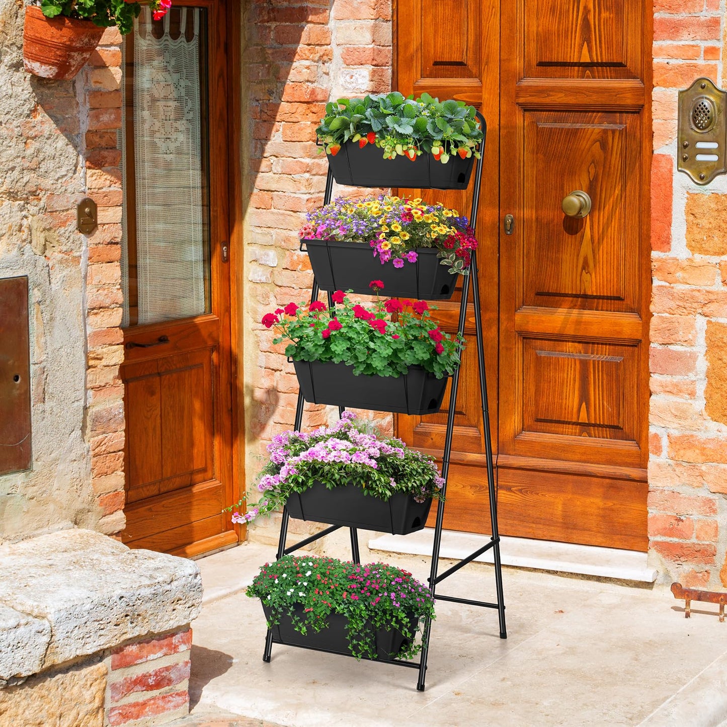 Vertical Garden Planter 5 Tiers Raised Garden Bed Outdoor Standing Herb Garden Planter with Drainage Holes and Removable Tray Planters for Outdoor Plants Vegetables Flowers Black
