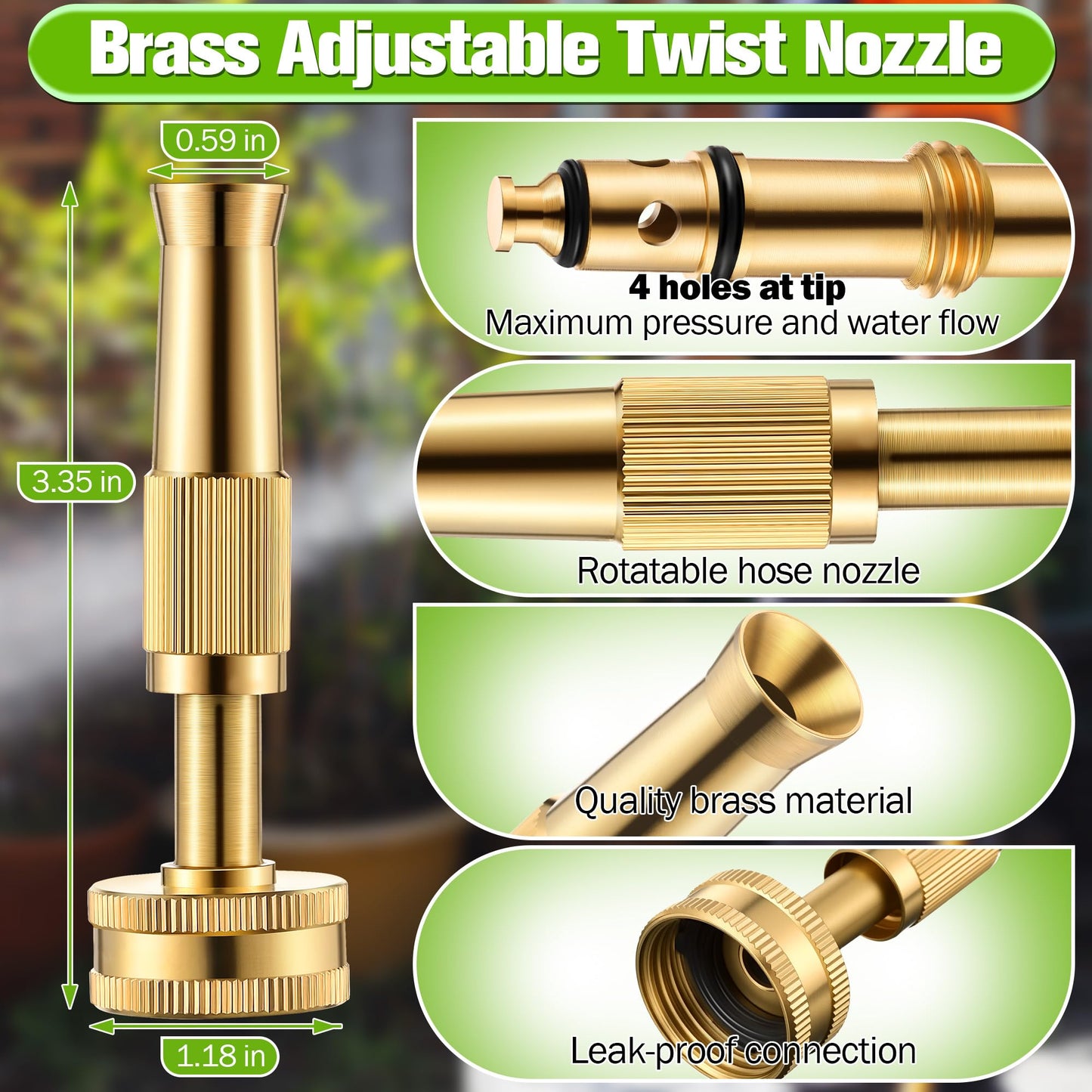 Dunkive 3 Pcs Garden Hose Nozzle Kit, 4" Brass Adjustable Twist Nozzle, Jet High Pressure Water Sprayer, Brass Hose Shut Off Valve with 10 Rubber Washers, 3/4" GHT Connector for Garden Sprinkler