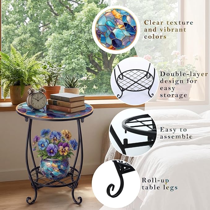 Cinnvoice Outdoor Side Table Round Small Mosaic Patio Accent Indoor End Plant