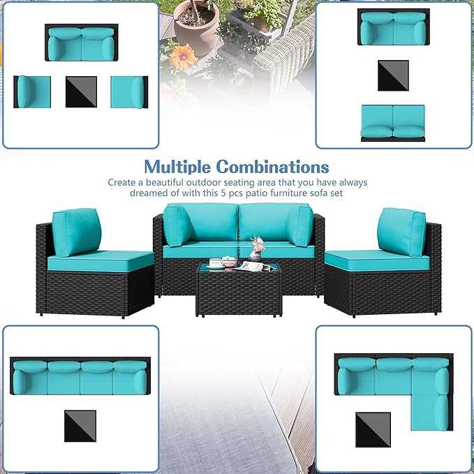Shintenchi 5 Pieces Outdoor Patio Sectional Sofa Couch, Patio Conversation Sets