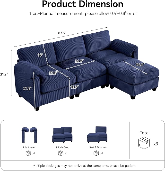87.5'' L Shaped Modular Sectional Sofa, 3 Seater Cloud Couch