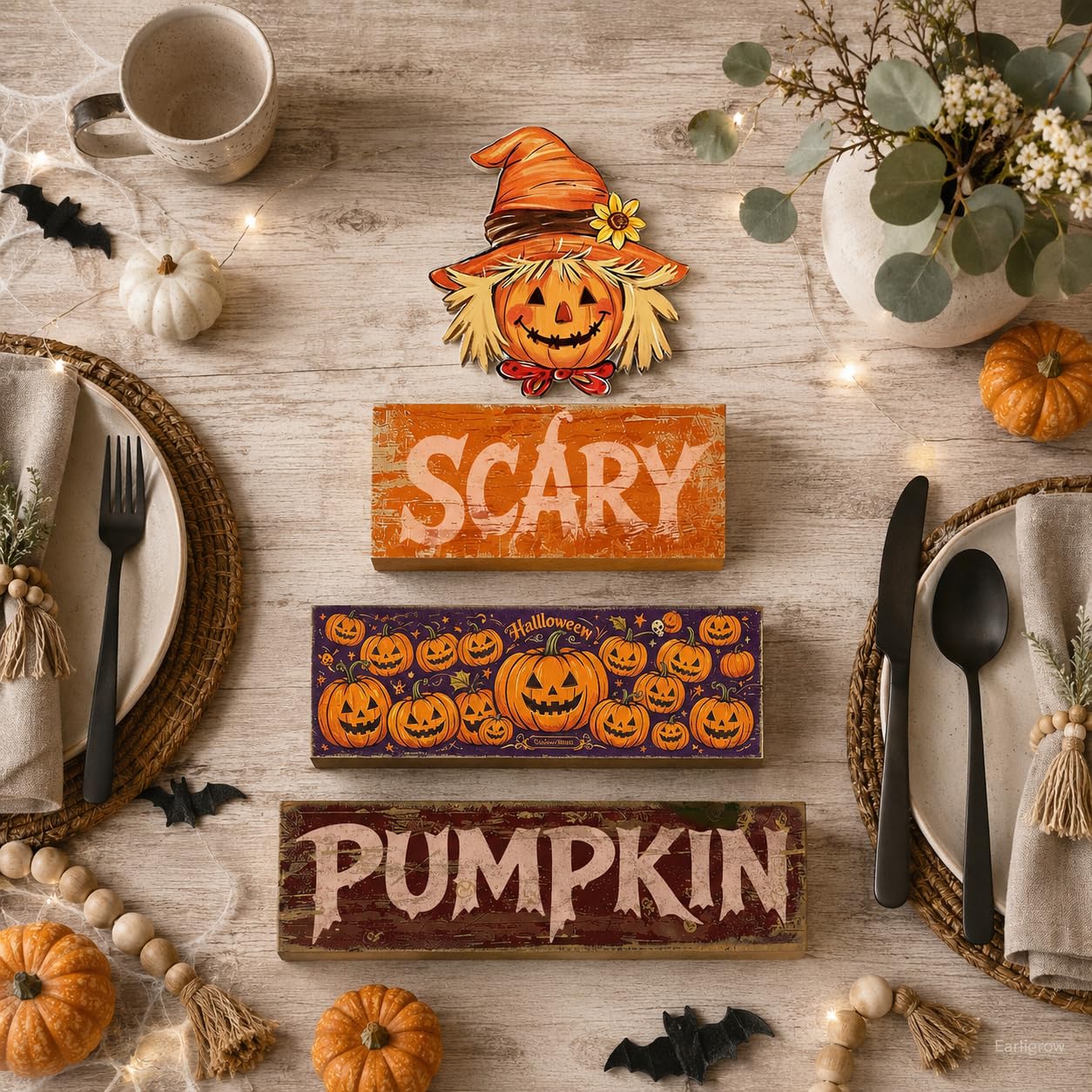 4 Pcs Halloween Table Decor Wooden Scarecrow Tiered Tray Decorations Rustic Farmhouse Tabletop Centerpiece Scary Pumpkin Wood Block Signs for Home Kitchen Shelf Mantel Office Desk