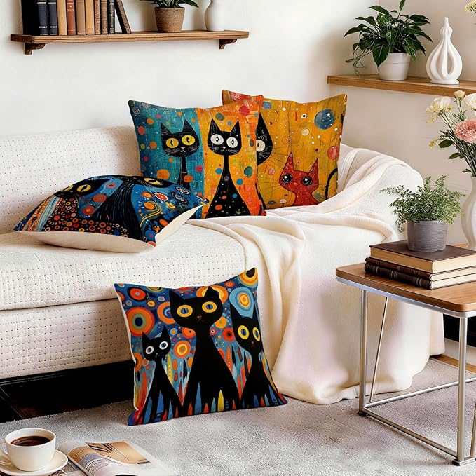 OBSEDE Black Cat Abstract Art Decorative Throw Pillow Covers 18 × 18 in