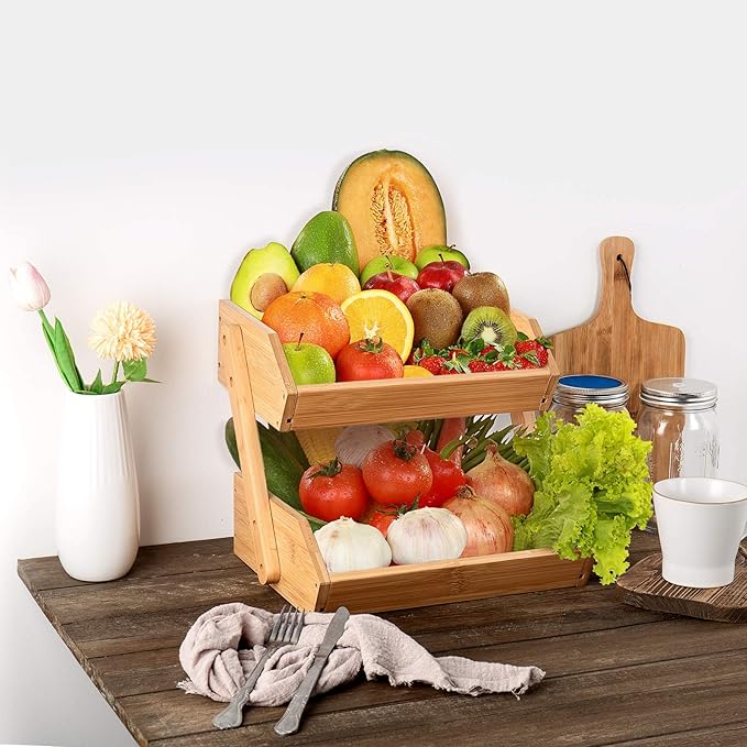 Merysen 2 Tier Fruit Basket For Kitchen- Bamboo Fruit and Vegetable Storage