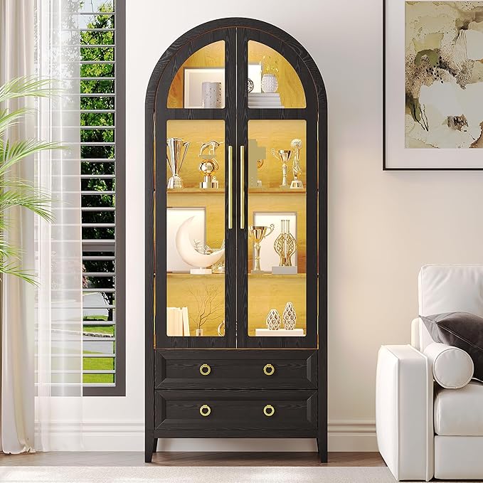 Arched Curio Cabinet with Glass Doors, 4-Tier Display Cabinet with 2 Drawers