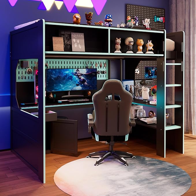Modern Gaming Loft Bed with Built-in Desk, LED Lighting & Charging Hub –Twin