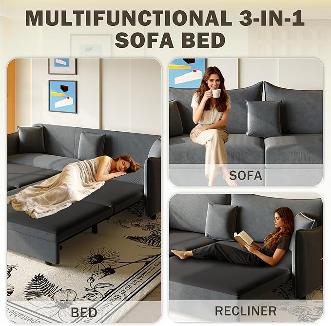 KEIKI 81.9" 3-in-1 Convertible Sofa Bed, Modern Velvet Sleeper Couch