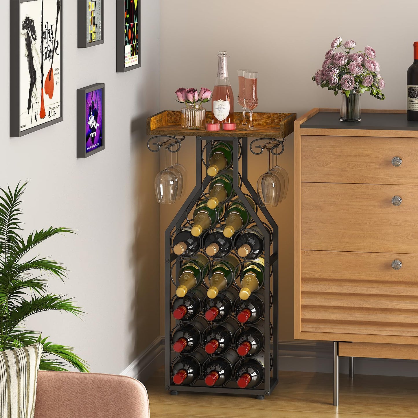 X-cosrack Wine Rack Freestanding Floor, Wine Storage Rack Mini Bar Table with Tabletop, Glass Holder Wine Bottle Display Stand Liquor Cabinet for Home Bar Kitchen Living Room