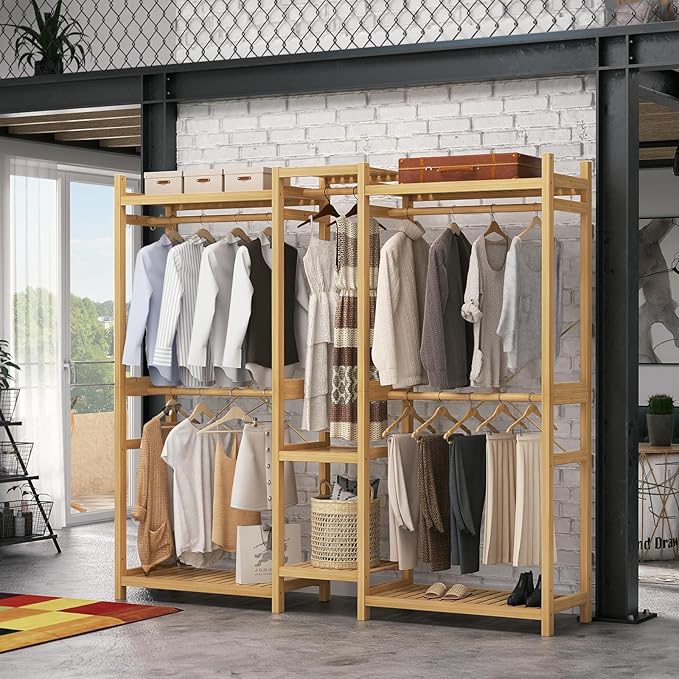 Homykic Bamboo Closet System Clothes Rack, Large Freestanding Garment Rack