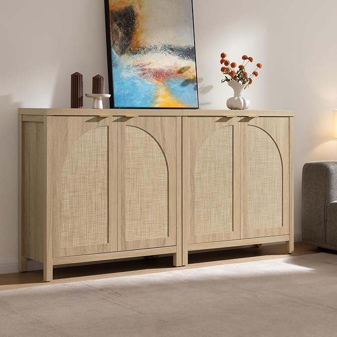 SICOTAS 102"W Rattan Sideboard Buffet Cabinet Set of 3, Mid Century Modern
