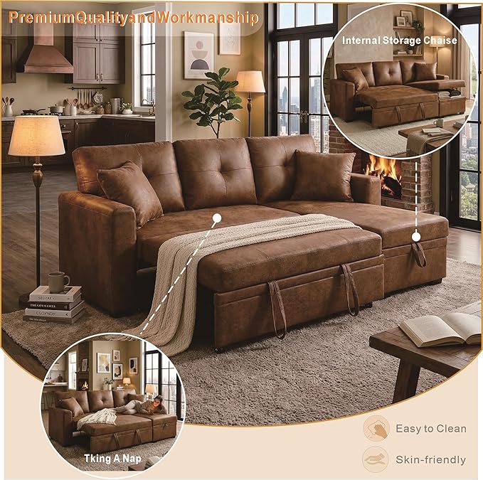L Shaped Sectional Couch with Storage and Pull Out Bed, 3 Seater Sleeper Sofas