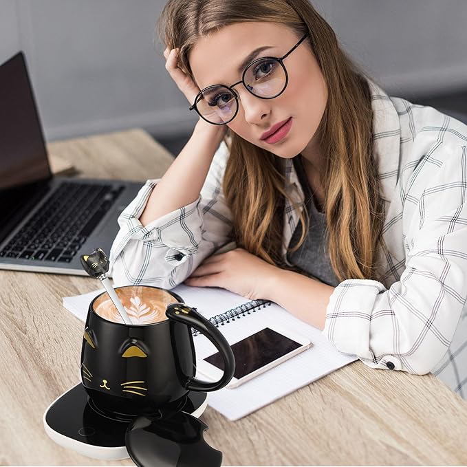 Cat Coffee Cup Coffee Warmer with Mug for Women Electric Mug Heater Temperature Control Ceramic Cute Cat Warmer for Office Valentine' Day Birthday Gift(Black)