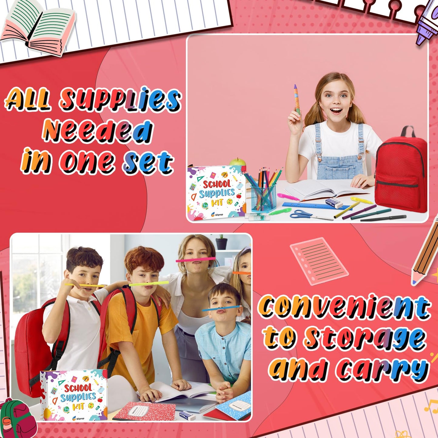 Gilprop 79 Pcs Back to School Supplies Box for Kids K-5 Students Elementary Middle School Supplies Kit Bundle Bulk Essential Pen Notebook Stationery for Primary Student Classroom(Red)