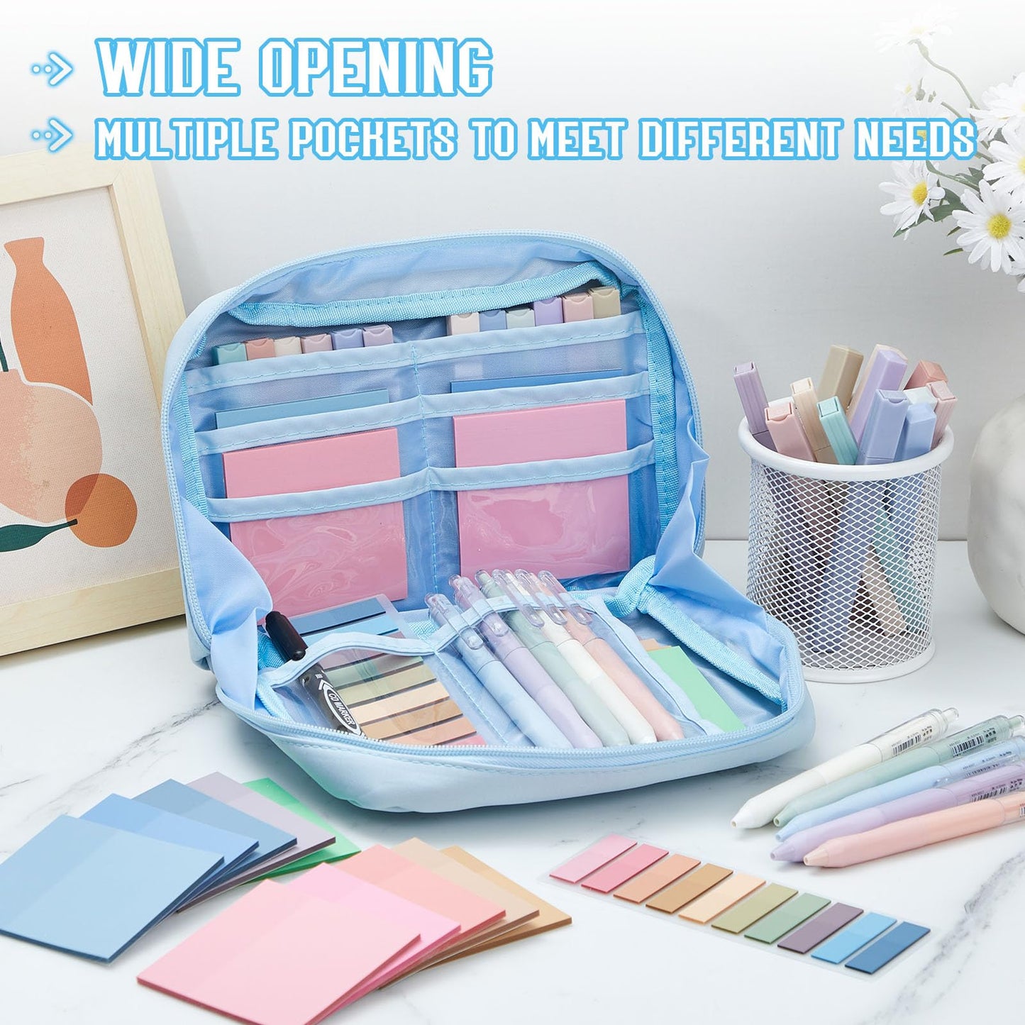 Jutom 39 Pcs Aesthetic Book Annotation Kit Highlighter with Pencil Case Bag Gel Pen Transparent Sticky Note Taking Bible Study College School Supplies(Blue,Kawaii Style)