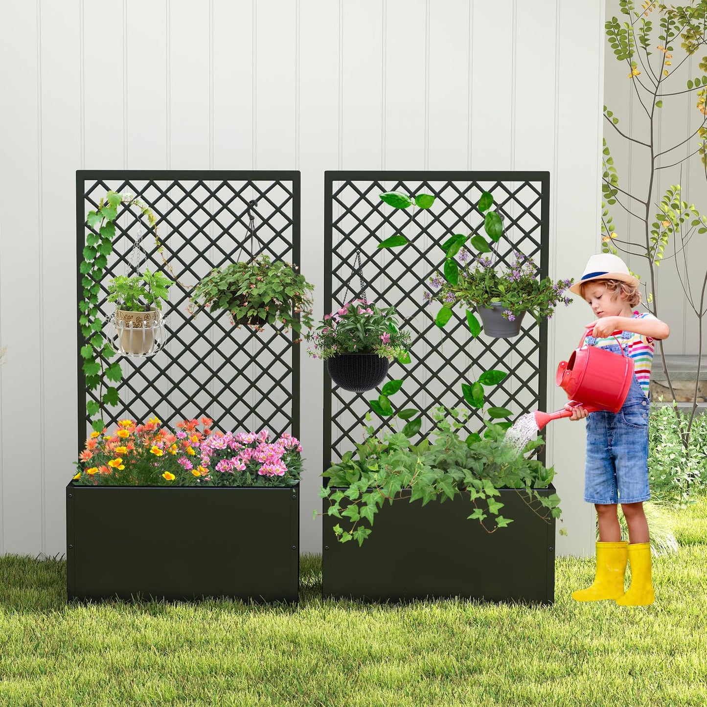 kinbor Planter with Trellis - Set of 2 Planter Boxes Outdoor, Metal Raised Garden Bed with Lattice Trellis for Climbing Plants, Black Flower Boxes Outdoor